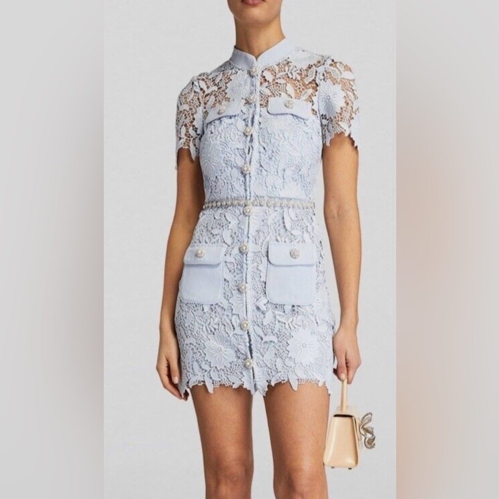 Blue lace mini Self-Portrait dress with crystal belt and cute button details.